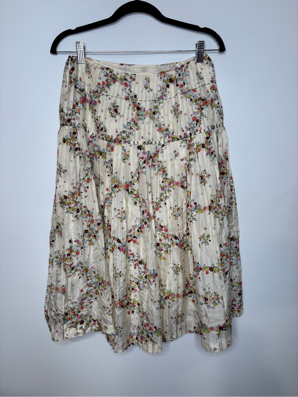 David Meister Silk Pleated Midi Skirt Size 2 Fairycore Y2K Floral Cream